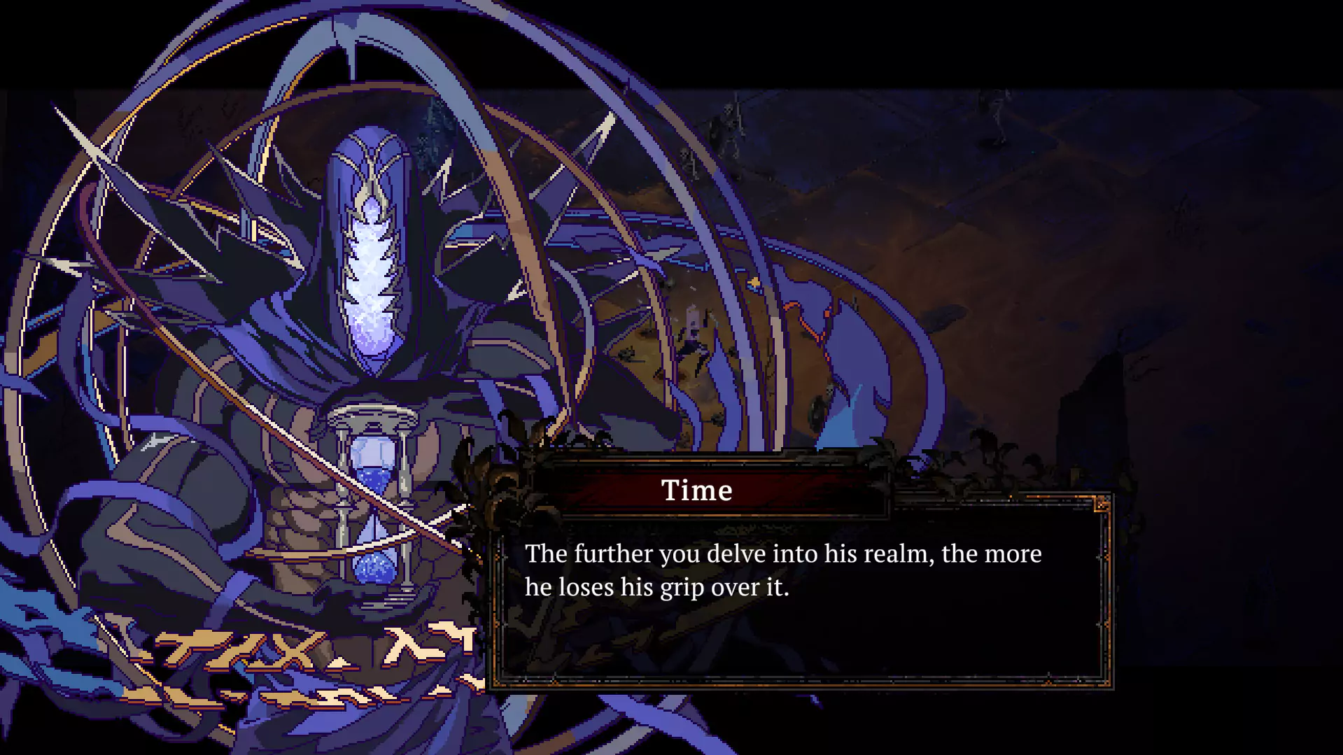 The god Time speaking to the player.